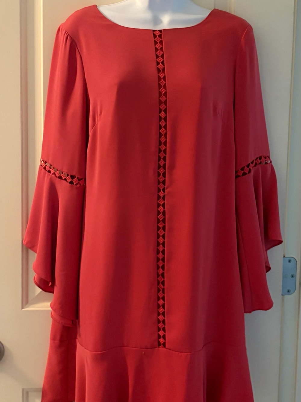 Coral Color V-Neck Women's Dress with Crochet Sleeve Detail